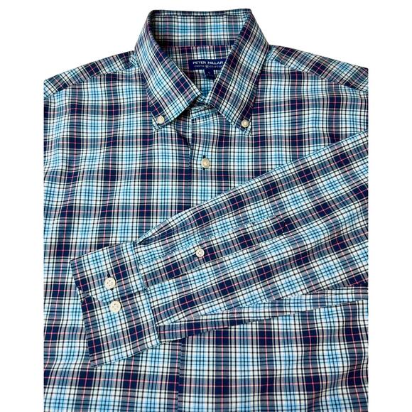 Peter Millar Crown Crafted Men’s Size L Blue Plaid Performance Button Down Shirt - Picture 1 of 5